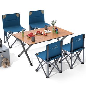 威野营  户外桌椅套装便携式露营桌椅木纹蛋卷桌铝合金93cm一桌四椅