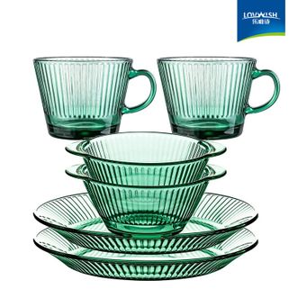 乐唯诗/NERVISHI  欧式墨绿玻璃餐具套装 杯碗盘6件套