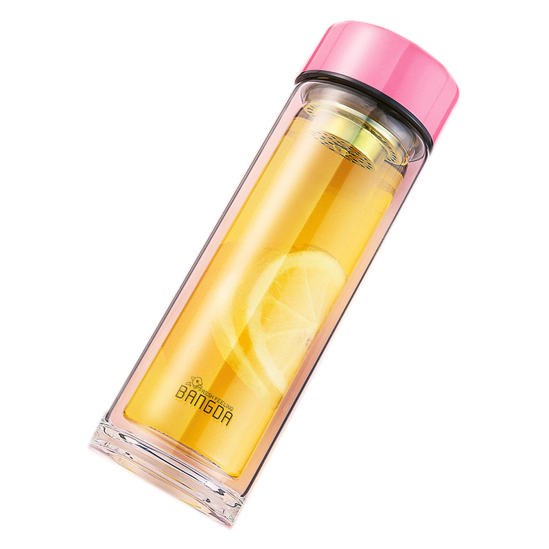 邦达 高硼硅玻璃杯体双层玻璃水杯 女便携随行茶杯 耐热加厚随手杯