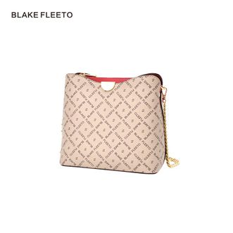 BLAKEFLEETO水桶包复古斜挎包女包印花单肩大容量时尚百搭包包-红色配米白色