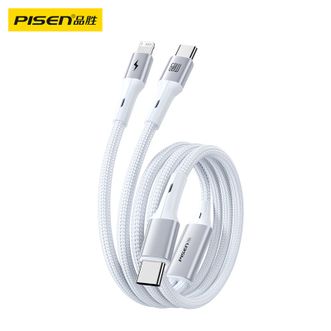 品胜/Pisen  Type-C转Type-C+Lightning二合一数据充电线铝合金编织线PD60W快充线一拖二车载适用iphone16Pro/15/14手机华为70小米笔记本Ipad