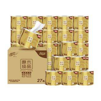 清风  卷纸卫生纸卷筒纸金装纸巾有芯厕纸200克4层27卷整箱