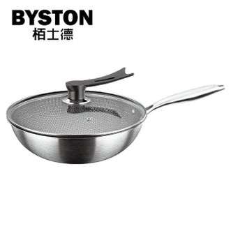 栢士德/BYSTON  不锈钢蜂窝不粘炒锅32cm 物理不粘无涂层带盖炒锅 电磁炉燃气通用 BST-097