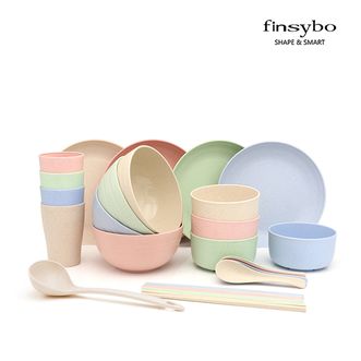finsybo  麦秸秆 日式 马卡龙色 餐具 25件套 泡面碗 餐碗 盘子 筷子 汤勺 儿童餐具 防摔 食品级