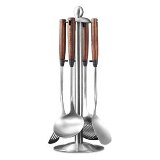 康巴赫  铲勺304不锈钢高档炒菜铲子汤勺漏勺胡桃实木手柄炒菜铲锅铲套装 304不锈钢铲勺五件套（算支架）