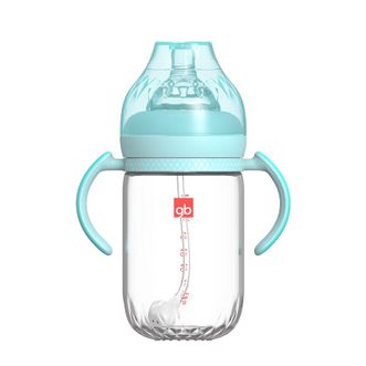 好孩子（gb）  宽口径握把 吸管玻璃奶瓶 铂金系列 260ml 孔雀蓝 宝宝喝奶喝水