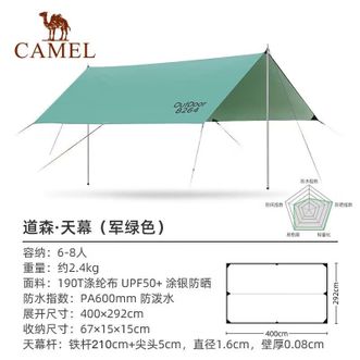骆驼/Camel  户外天幕便携露营帐篷遮阳遮雨棚轻野营野餐防晒凉棚 1J32263960A，道森，军绿色