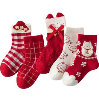 Caramella  女童袜子秋冬骐骥红新年新疆棉红袜卡通宝宝中筒袜儿童袜可爱亲肤