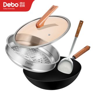 Debo  德铂钛铸铁锅无涂层 不粘钛铸铁锅+蒸格+锅盖+铲 32cm