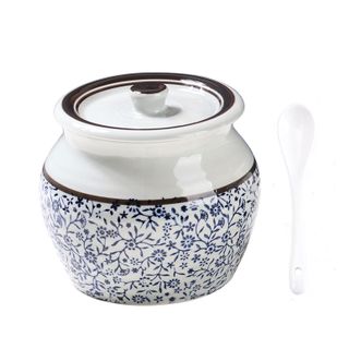 拜杰（BJ）  青花中式猪油罐  1200ml带盖勺耐高温陶瓷油罐盐罐调味罐辣椒油罐