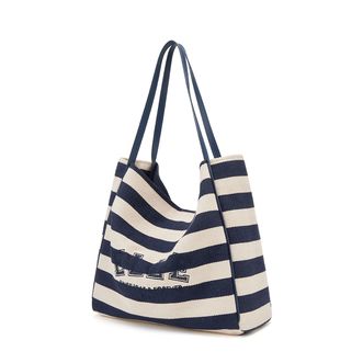 Elle  条纹帆布托特包 大容量通勤单肩包手提购物袋 24047