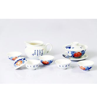 如艺 羊脂玉瓷名家画作茶具 花开富贵功夫茶组 小八件