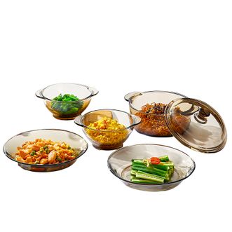 青苹果（QINGPINGGUO）  五件套茶色 沙拉碗饭碗欧式汤碗面碗 玻璃煲*1+双耳碗*2+深盘*2