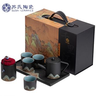 苏氏陶瓷/SUSHI CERAMICS  【千里江山系列-手绘釉画彩陶瓷直筒茶壶配干泡茶盘小茶叶罐茶具套装】茶杯茶具功夫茶礼盒装