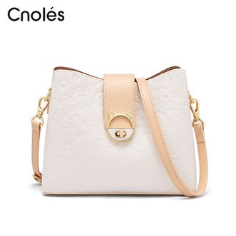 蔻一（Cnoles）水桶包女士真牛皮通勤百搭单肩斜挎包品牌高级感背包奶杏色K220212B3381J