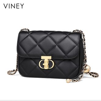 viney  牛皮斜挎包女轻奢百搭小众菱格链条女士单肩小方包V91295