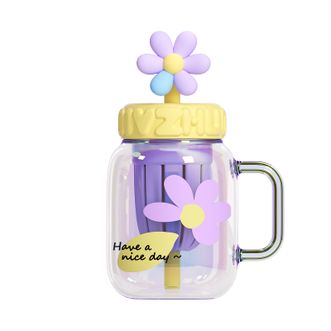 绿珠（lvzhu）   炫彩杯700ml 高颜值玻璃杯果茶杯吸管大容量带盖把手办公室杯子学生茶水分离水杯 鸢紫杏黄