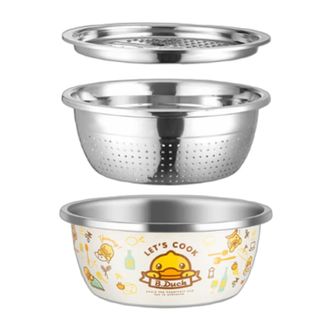 炊大皇（COOKER KING）  小黄鸭联名304不锈钢盆筛加大加厚洗菜盆沥水盆刨丝器三件套 TP03XHY