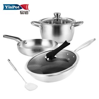 易铂yispot 斯凯特六件套不锈钢锅具六件套 32cm 炒锅24cm煎锅 汤锅锅铲 YP-9009 32cm炒锅+24cm煎锅+20cm汤锅+锅铲