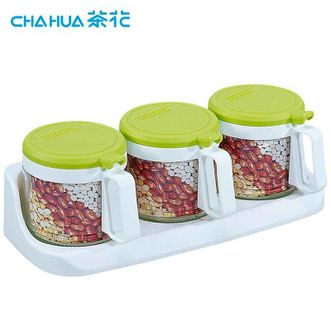茶花（CHAHUA）圆形玻璃调味瓶 调料盒带盖厨房玻璃盐罐味精油醋瓶家用调味罐 颜色随机发 6016