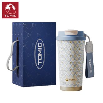 特美刻（TOMIC）  纯钛保温杯节日咖啡杯双饮吸管杯精致生日礼物 蓝白菱格-内外纯钛