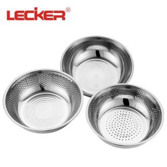 lecker  厨房用具不锈钢洗米筛+洗菜盆+过滤盆三件套组合KR-613