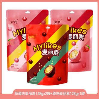 诺梵  混搭口味麦丽素巧克力128g×3袋【原味×1袋+草莓味×2袋】麦芽脆芯球生日礼物零食糖果童年零食休闲小孩怀旧儿童零食夹心巧克力豆学生春游糖果520礼物送女友