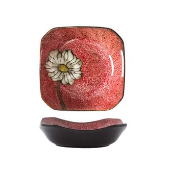 玉泉  韩式手绘四方碟  朱红色 边长约17cm/高约4.5cm  家用大方盘菜盘盘碟陶瓷炻器餐具用品