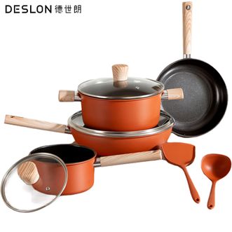 德世朗（DESLON）  不粘锅锅具套装30cm炒锅24cm汤锅24cm煎锅 18cm奶锅硅胶铲硅胶汤勺鸿运0氟陶瓷六件套煎炒炸炖