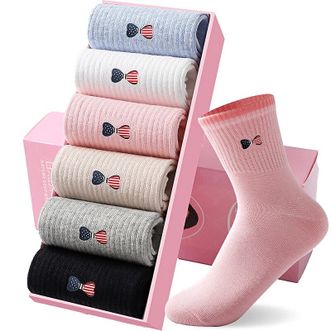 浪莎   高棉时尚印花女袜混色6双  吸汗透气可爱中筒袜冬天纯棉棉袜