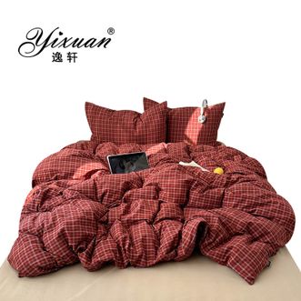 逸轩/yixuan  日式全棉色织水洗棉三件套 宿舍家用卧室通用床品 空野-红