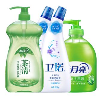 蓝月亮  茶清洗洁精1kg+卫诺沁兰香洁厕液500g*2瓶+芦荟洗手液500g瓶 家庭厨卫清洁组合套装