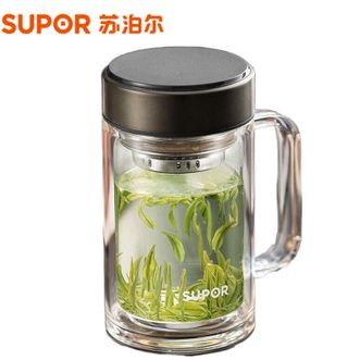 苏泊尔（SUPOR）  双层玻璃杯450ml 便携水杯防烫茶杯商务办公水杯泡茶杯 乌木黑款