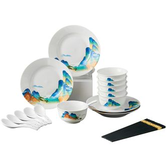 唯都 国风千里江山餐具22头套装 家用碗筷碟子盘子勺子餐具组合 W-CJ322