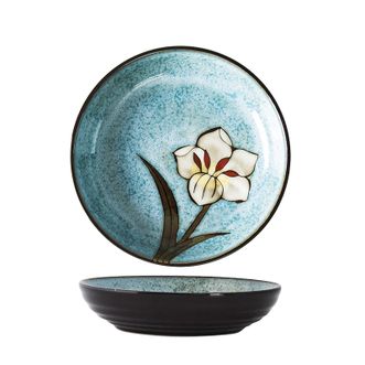 玉泉  韩式手绘碗碟  浅蓝色大盘21.5cm 1个装  家用菜盘盘碟陶瓷炻器餐具用品