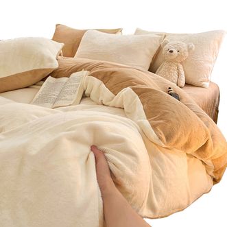 九洲鹿  牛奶绒法莱绒秋冬保暖床上用品床品套件四件套 200*230cm 米咖拼卡其 JZM4FLR01