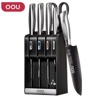 OOU  银钛飞鸟抗菌刀具系列六件套 砍骨刀切片刀水果刀厨师刀厨房剪刀座 刀具套装