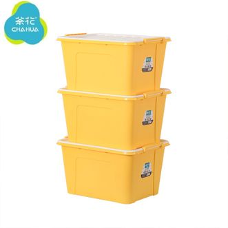 茶花  塑料整理箱 58L 居家衣物书本存储箱 加厚棉被周转箱 搬家装行李收纳箱 黄色 3个装 带轮