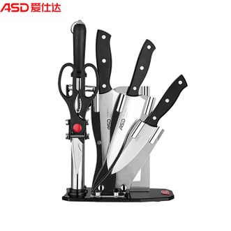 爱仕达/ASD  冰锐系列刀具七件套 家用厨房不锈钢刀具 切片刀厨师刀水果刀剪刀刨刀磨刀棒刀座组合套装7件套 903707黑色