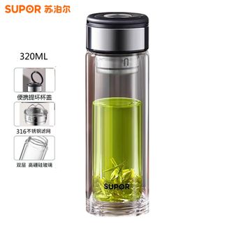 苏泊尔（SUPOR）  双层耐热玻璃提环杯 320ML容量双层加厚玻璃便携式水杯 行砚黑
