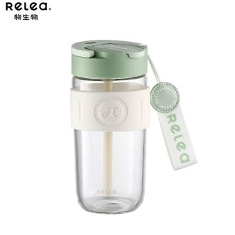 物生物（RELEA）  星语玻璃杯（升级后）提绳款水杯520ml咖啡杯便携学生吸管双饮泡茶杯-柔雾绿