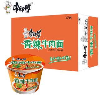 康师傅  经典香辣牛肉面108g*12桶方整箱速食桶装