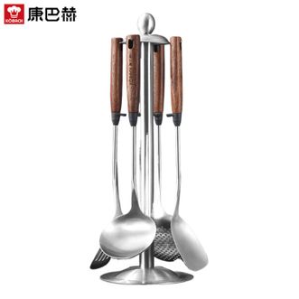 康巴赫（KBH）  304不锈钢高档铲勺炒菜铲子汤勺漏勺胡桃木手柄炒菜铲锅铲套装 五件套（算支架）