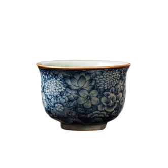 琦轩源  老陶泥青花茶杯  1个装 长高约6.5*4.5cm 50ml  复古陶瓷品茗杯杯子