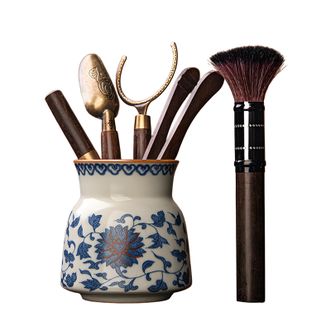 琦轩源  茶道六君子  养壶笔+茶勺+茶夹+杯叉+茶刀+收纳罐  青花汝窑公道杯茶具分茶器陶瓷茶杯具配件用品