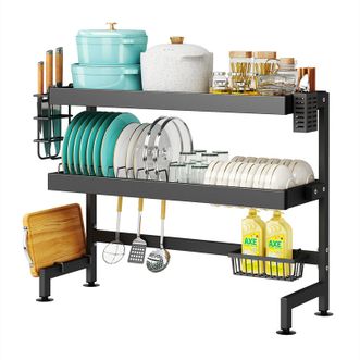 奥的 厨房水槽置物架 【双层长度75CM】特厚沥水架(整套)+挂钩*8 台面碗盘收纳架沥水架刀架筷子筒