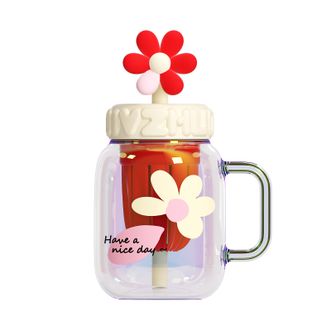 绿珠（lvzhu）   炫彩杯700ml 高颜值玻璃杯果茶杯吸管大容量带盖把手办公室杯子学生茶水分离水杯 莓红溢彩