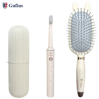 古菲斯（GUFIUS）  声波震动电动牙刷套装 带气垫梳子 全身防水持久续航口腔护理震动细软刷毛护牙洁牙器 头皮按摩器按摩梳子美发器S2米色