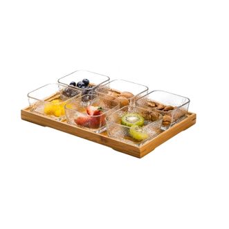 青苹果  锤纹玻璃果盘  六只装+竹盘  客厅家用聚会点心盘收纳小食碗