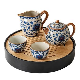 琦轩源  黄汝窑缠莲西施壶4件套  茶壶约170ml+1公道杯+2杯+茶盘  功夫茶具家用客厅带茶盘